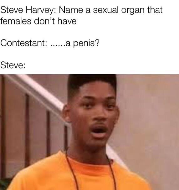 funny will smith memes - Steve Harvey Name a sexual organ that females don't have Contestant ......a penis? Steve