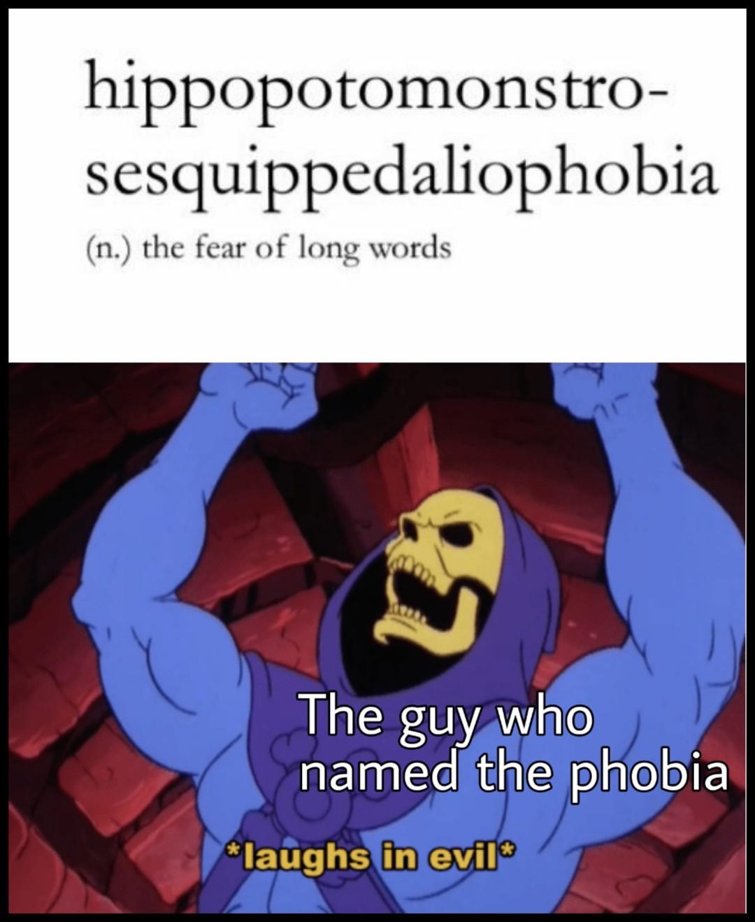 skeletor meme - hippopotomonstro sesquippedaliophobia n. the fear of long words The guy who named the phobia laughs in evil