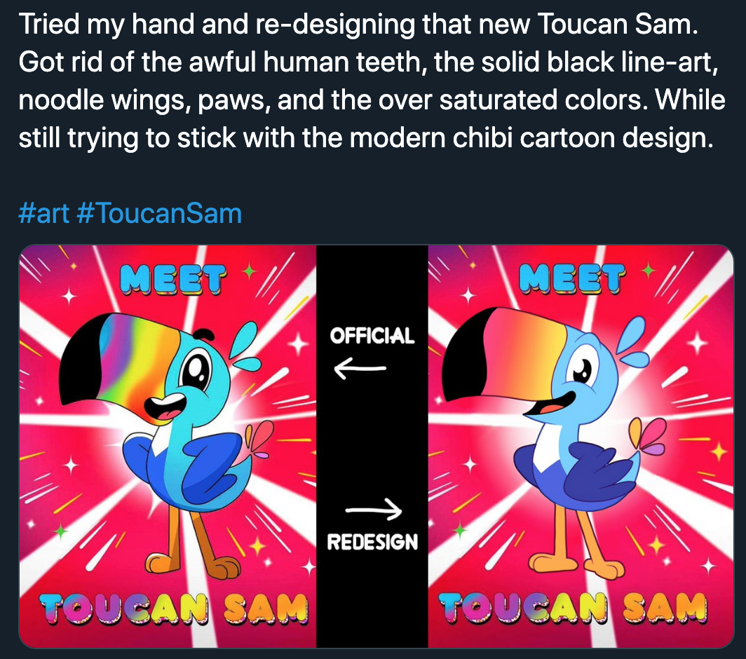 graphic design - Tried my hand and redesigning that new Toucan Sam. Got rid of the awful human teeth, the solid black lineart, noodle wings, paws, and the over saturated colors. While still trying to stick with the modern chibi cartoon design. Sam Meep Me