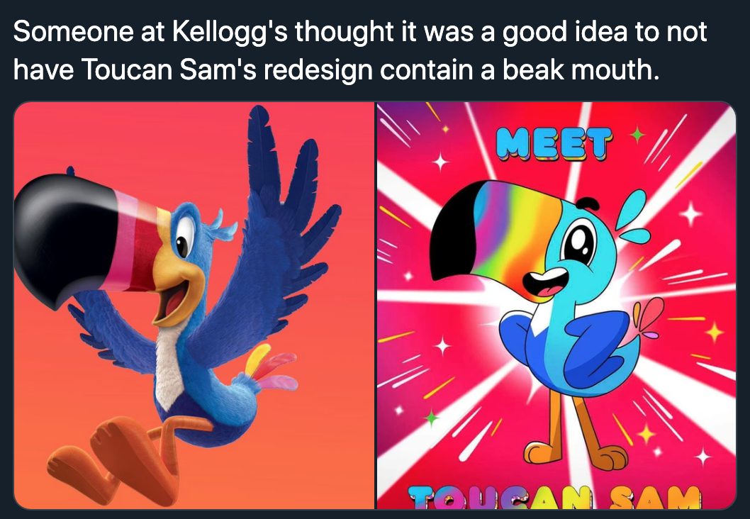 Photograph - Someone at Kellogg's thought it was a good idea to not have Toucan Sam's redesign contain a beak mouth. Meet 1 Tolgan Sam