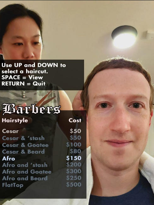 Mark Zuckerberg - Use Up and Down to select a haircut. Space View Return Quit Barbers Hairstyle Cesar Cesar & 'stash Cesar & Goatee Cesar & Beard Afro Afro and stash Afro and Goatee Afro and Beard FlatTop Cost $50 $50 $100 $80 $150 $200 $300 $250 $500