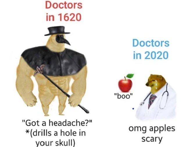 Physician - Doctors in 1620 Doctors in 2020 To "boo" "Got a headache?" drills a hole in your skull omg apples scary