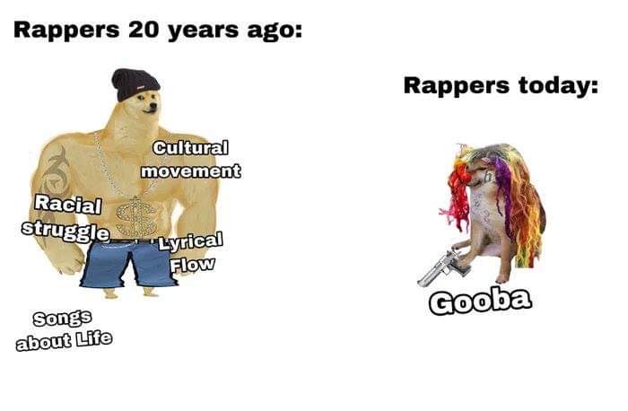 cartoon - Rappers 20 years ago Rappers today Cultural movement Racial struggle "Lyrical Flow Gooba Songs about Life
