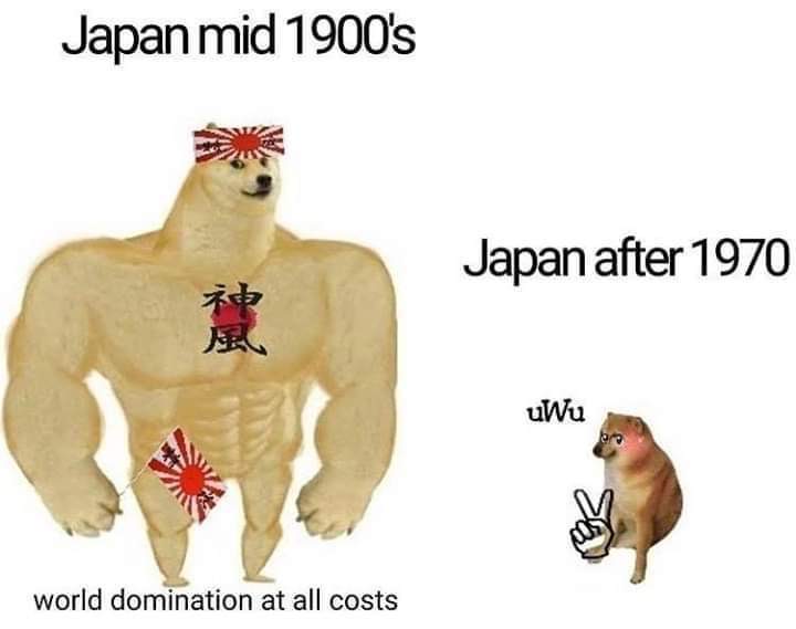 doge meme template - Japan mid 1900's Japan after 1970 ht uWu sa world domination at all costs