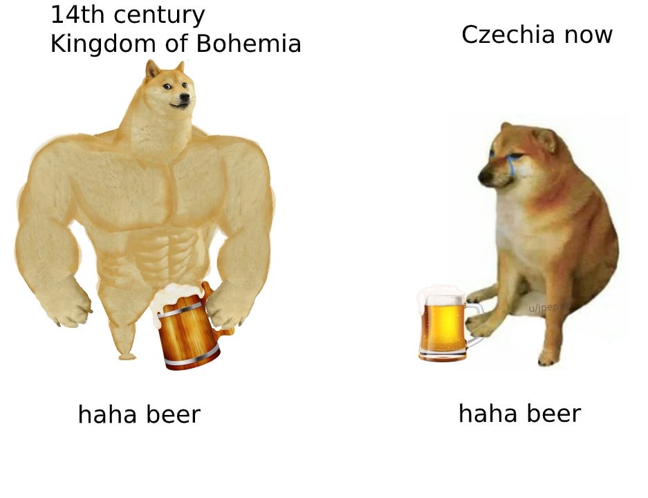 Internet meme - 14th century Kingdom of Bohemia Czechia now ujpepas haha beer haha beer