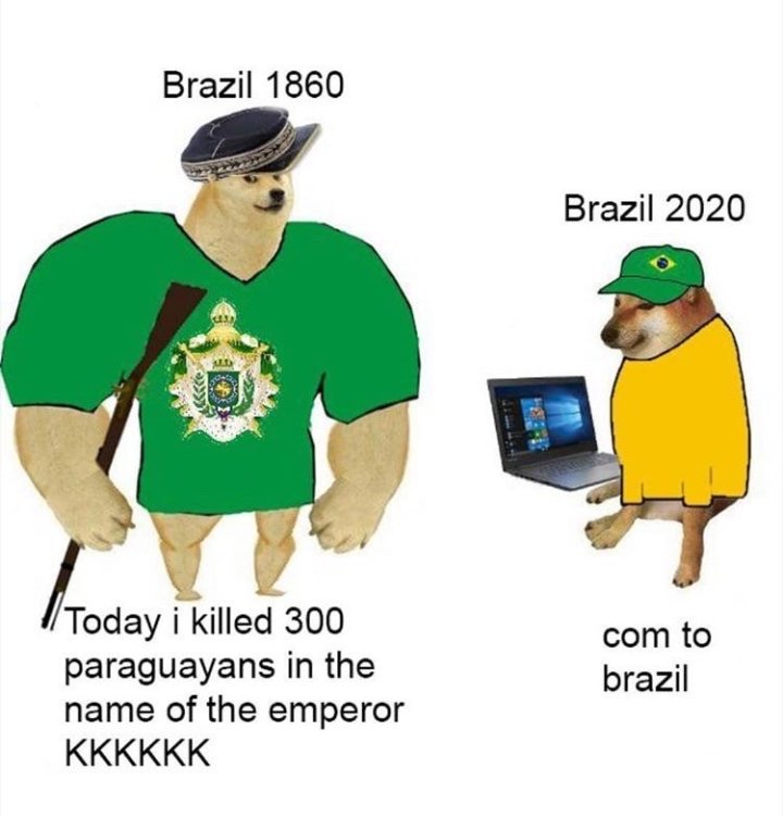 human behavior - Brazil 1860 Brazil 2020 Today i killed 300 paraguayans in the name of the emperor Kkkkkk com to brazil