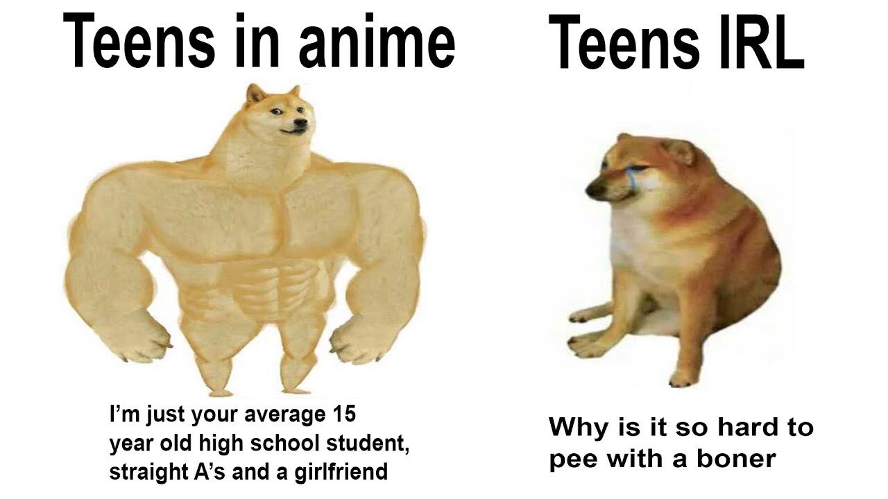 Teens in anime Teens Irl I'm just your average 15 year old high school student, straight A's and a girlfriend Why is it so hard to pee with a boner