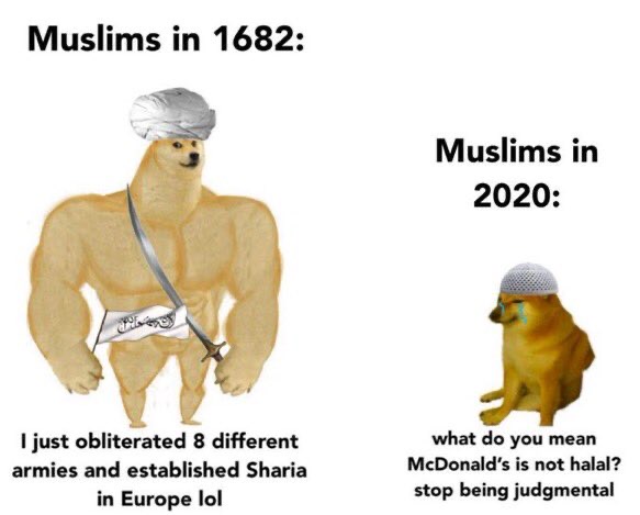 pet - Muslims in 1682 Muslims in 2020 I just obliterated 8 different armies and established Sharia in Europe lol what do you mean McDonald's is not halal? stop being judgmental