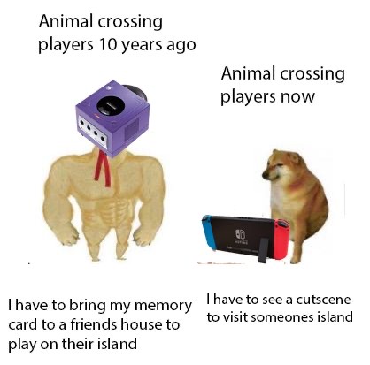 Doge - Animal crossing players 10 years ago Animal crossing players now 40 Thave to bring my memory I have to see a cutscene card to a friends house to to visit someones island play on their island