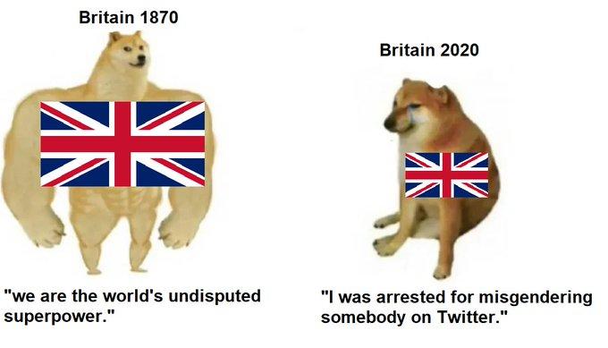 flag - Britain 1870 Britain 2020 an "we are the world's undisputed superpower." "I was arrested for misgendering somebody on Twitter."