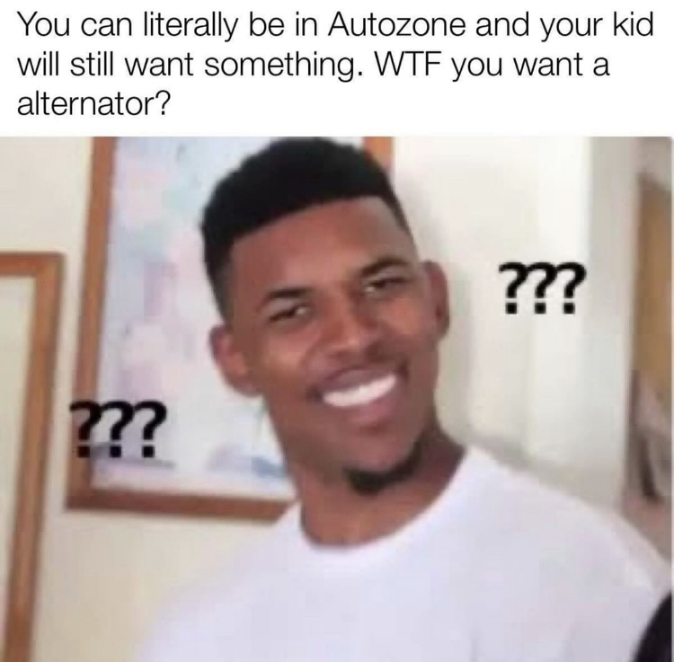 memes no words - You can literally be in Autozone and your kid will still want something. Wtf you want a alternator? ??? m?