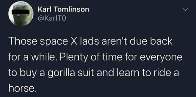 don t waste my time meme - Karl Tomlinson Those space X lads aren't due back for a while. Plenty of time for everyone to buy a gorilla suit and learn to ride a horse.