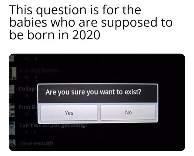 electronics - This question is for the babies who are supposed to be born in 2020 La Bowels Collap Are you sure you want to exist? First D Yes No Can't we all just get along close enough