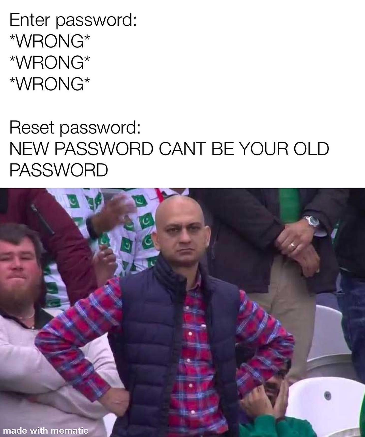 Enter password Wrong Wrong Wrong Reset password New Password Cant Be Your Old Password made with mematic