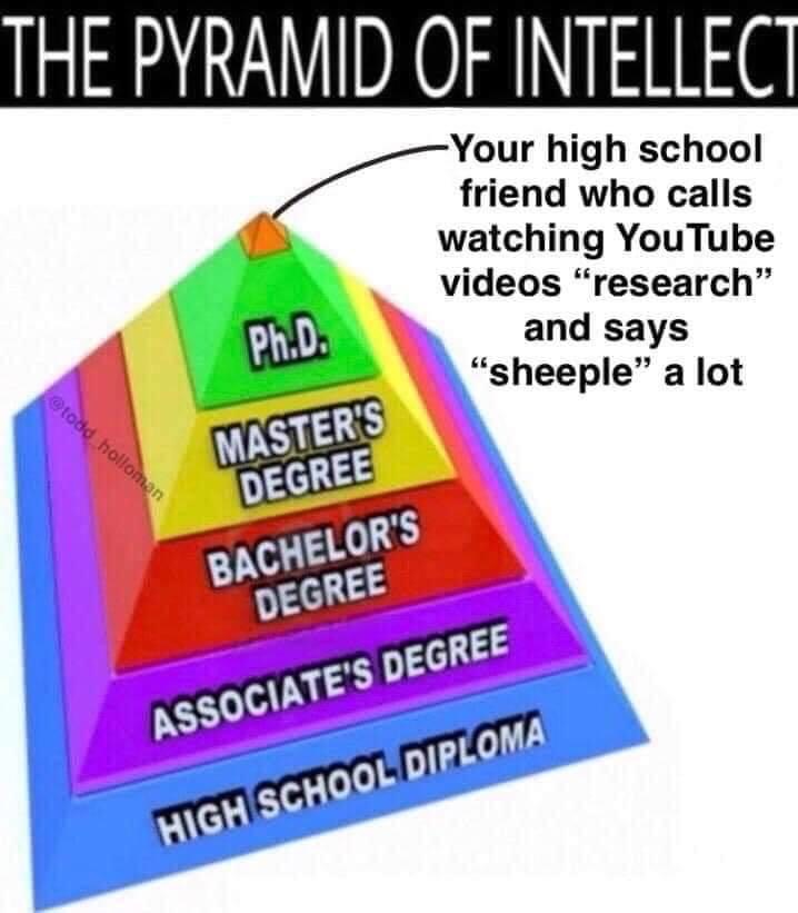 center a div meme - The Pyramid Of Intellect Your high school friend who calls watching YouTube videos "research" and says "sheeple" a lot Ph.D. toad holloman Master'S Degree Bachelor'S Degree Associate'S Degree High School Diploma