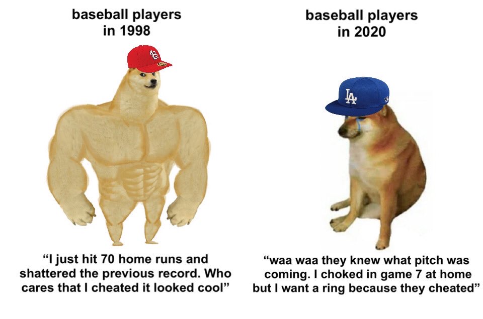 then vs now doge meme template - baseball players in 1998 baseball players in 2020 100 . "I just hit 70 home runs and shattered the previous record. Who cares that I cheated it looked cool" "waa waa they knew what pitch was coming. I choked in game 7 at h
