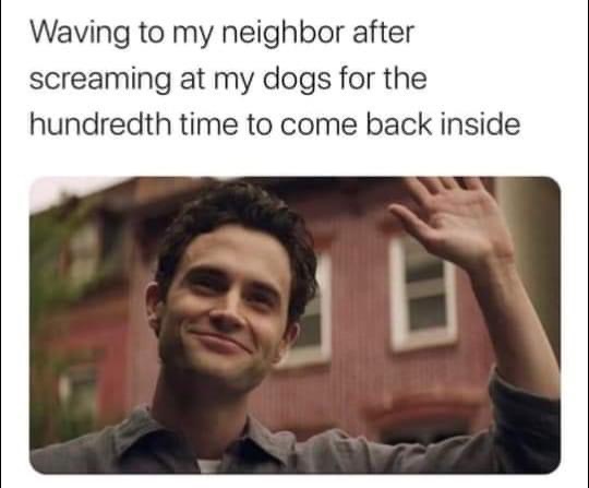penn badgley you - Waving to my neighbor after screaming at my dogs for the hundredth time to come back inside