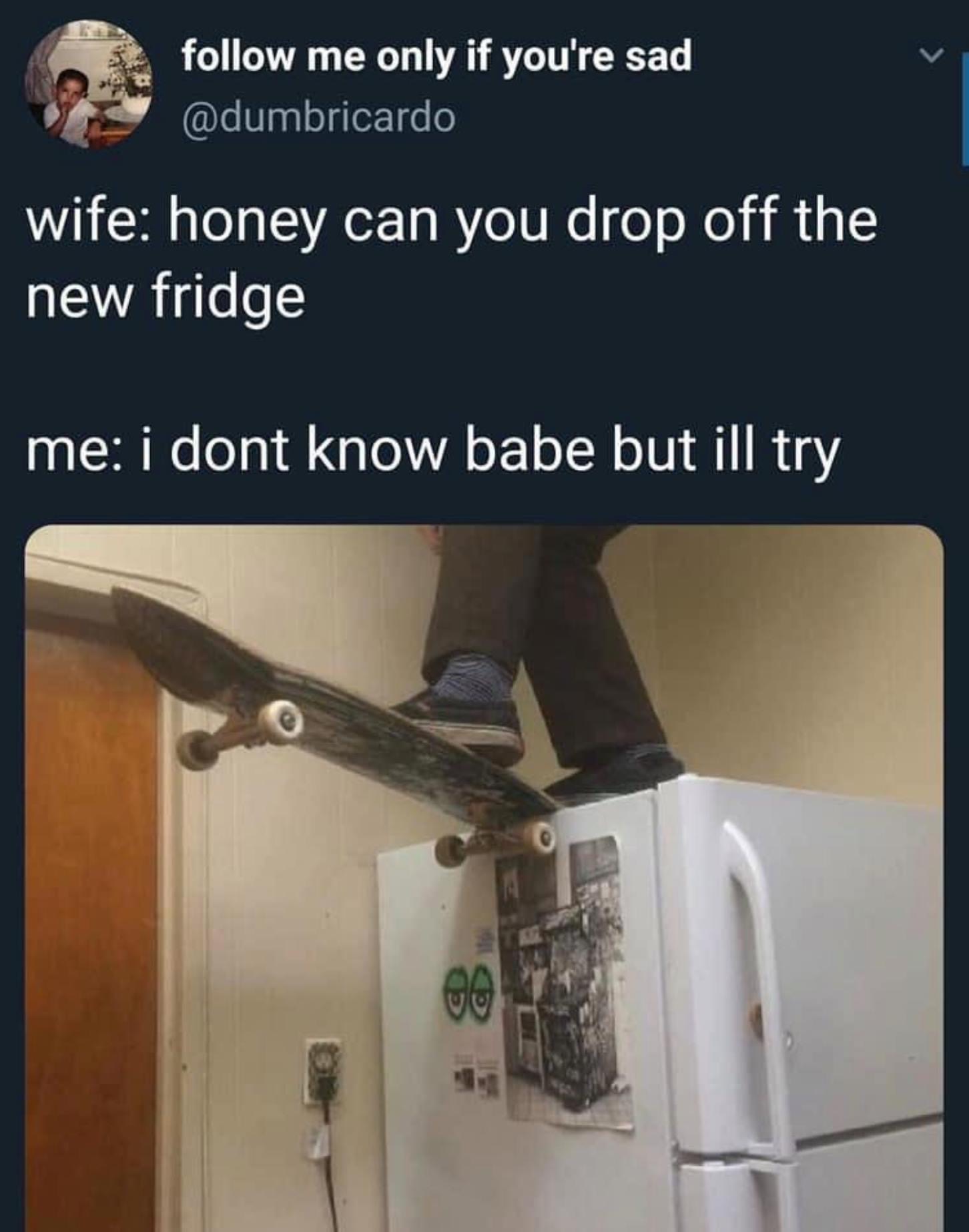 honey can you drop off the new fridge - me only if you're sad wife honey can you drop off the new fridge me i dont know babe but ill try 09