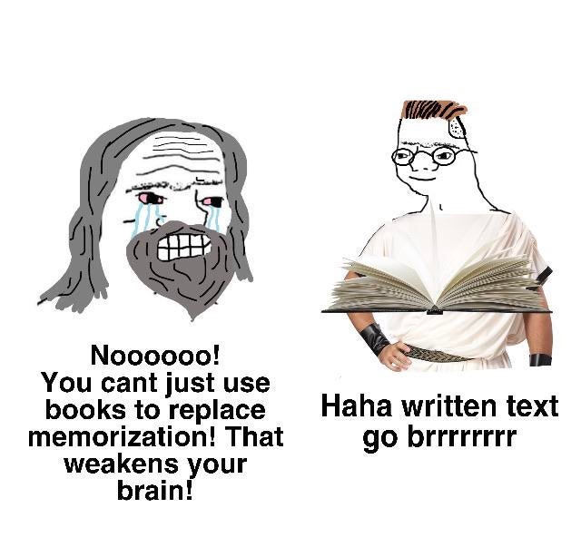 cartoon - Noooooo! You cant just use books to replace memorization! That weakens your brain! Haha written text go brrrrrrrr