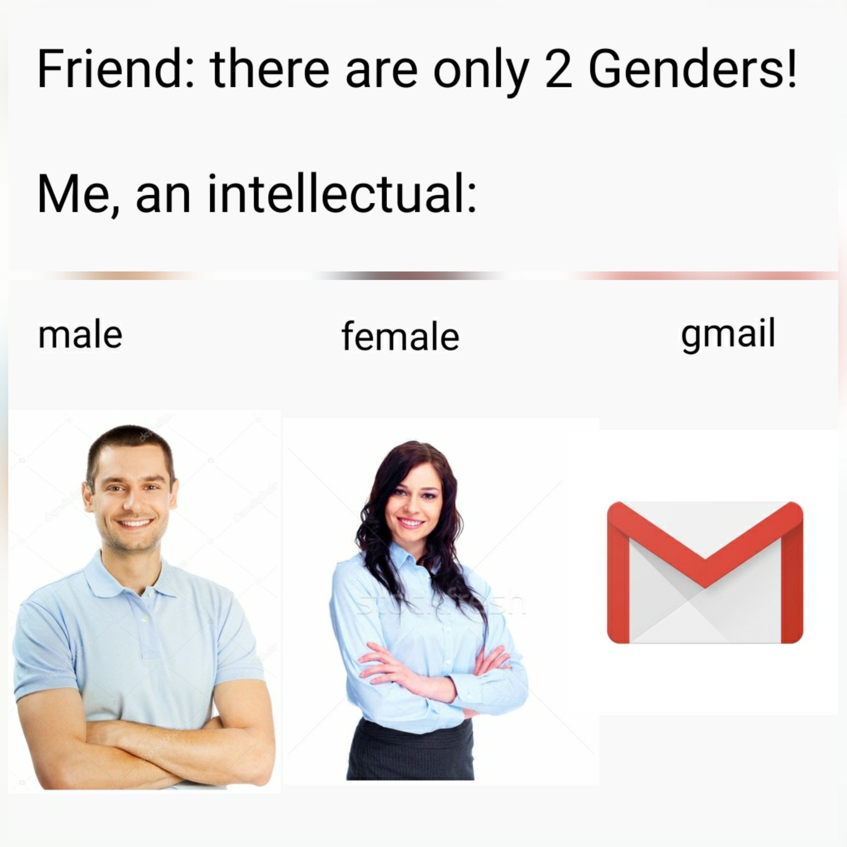 funny memes - dank memes - conversation - Friend there are only 2 Genders! Me, an intellectual male female gmail M