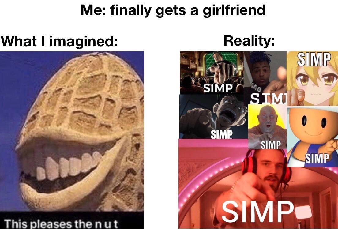 funny memes - dank memes - pleases the nut - Me finally gets a girlfriend What I imagined Reality Simp Simp Sim Simp Simp Simp Simp This pleases the nut