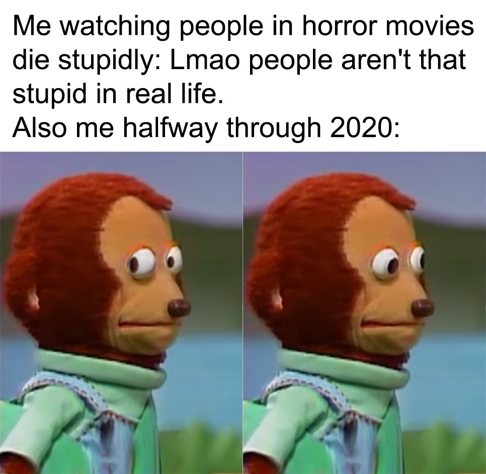 serial killer meme puppet - Me watching people in horror movies die stupidly Lmao people aren't that stupid in real life. Also me halfway through 2020