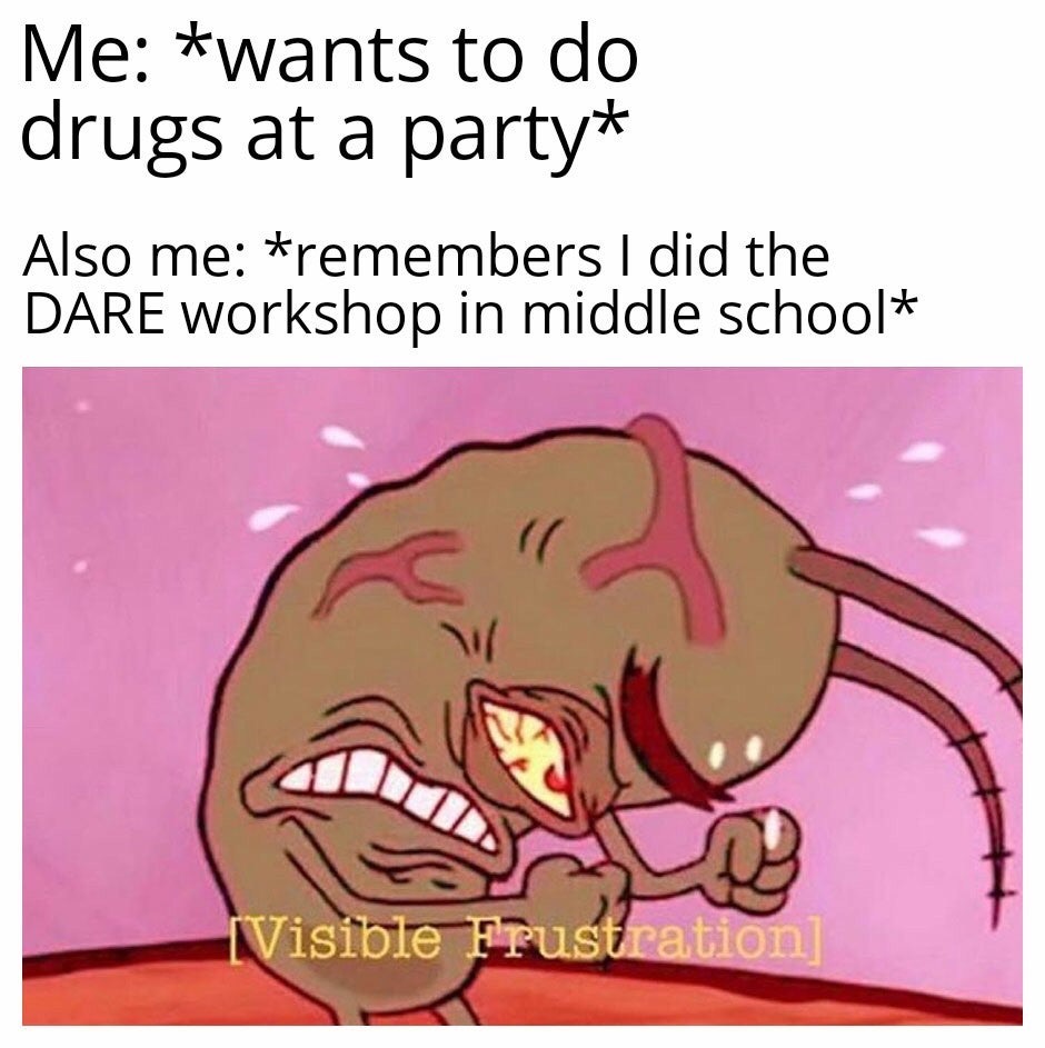 visible frustration meme - Me wants to do drugs at a party Also me remembers I did the Dare workshop in middle school Visible Frustration