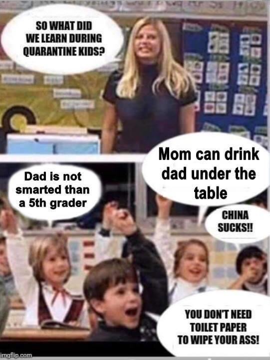 did we learn in quarantine meme - So What Did We Learn During Quarantine Kids? Dad is not smarted than a 5th grader Mom can drink dad under the table China Sucks!! You Don'T Need Toilet Paper To Wipe Your Ass! imgflip.com