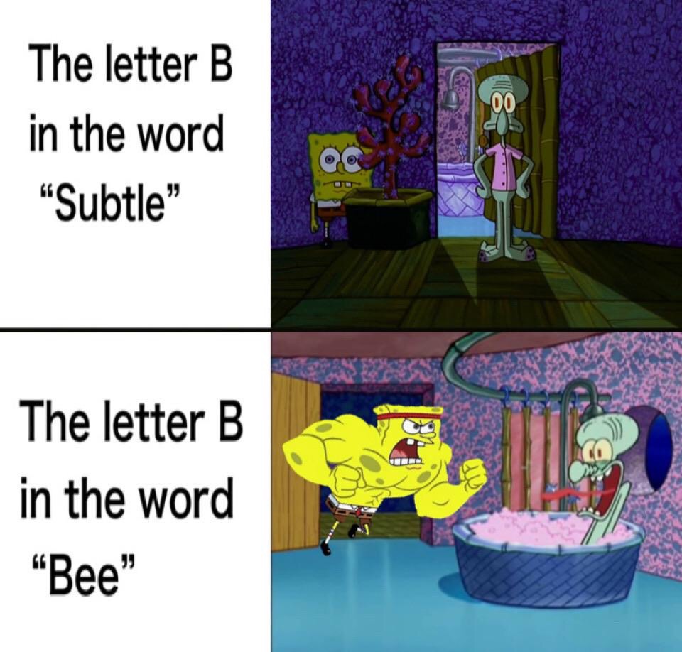 cartoon - 00 The letter B in the word "Subtle" Qc The letter B in the word Bee"