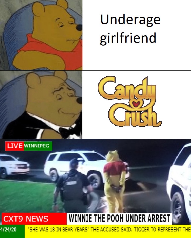 winnie the pooh cum and go meme - Underage girlfriend Candy Chish Live Winnipeg CXT9 News Winnie The Pooh Under Arrest 42420 "She Was 18 In Bear Years" The Accused Said. Tigger To Represent The