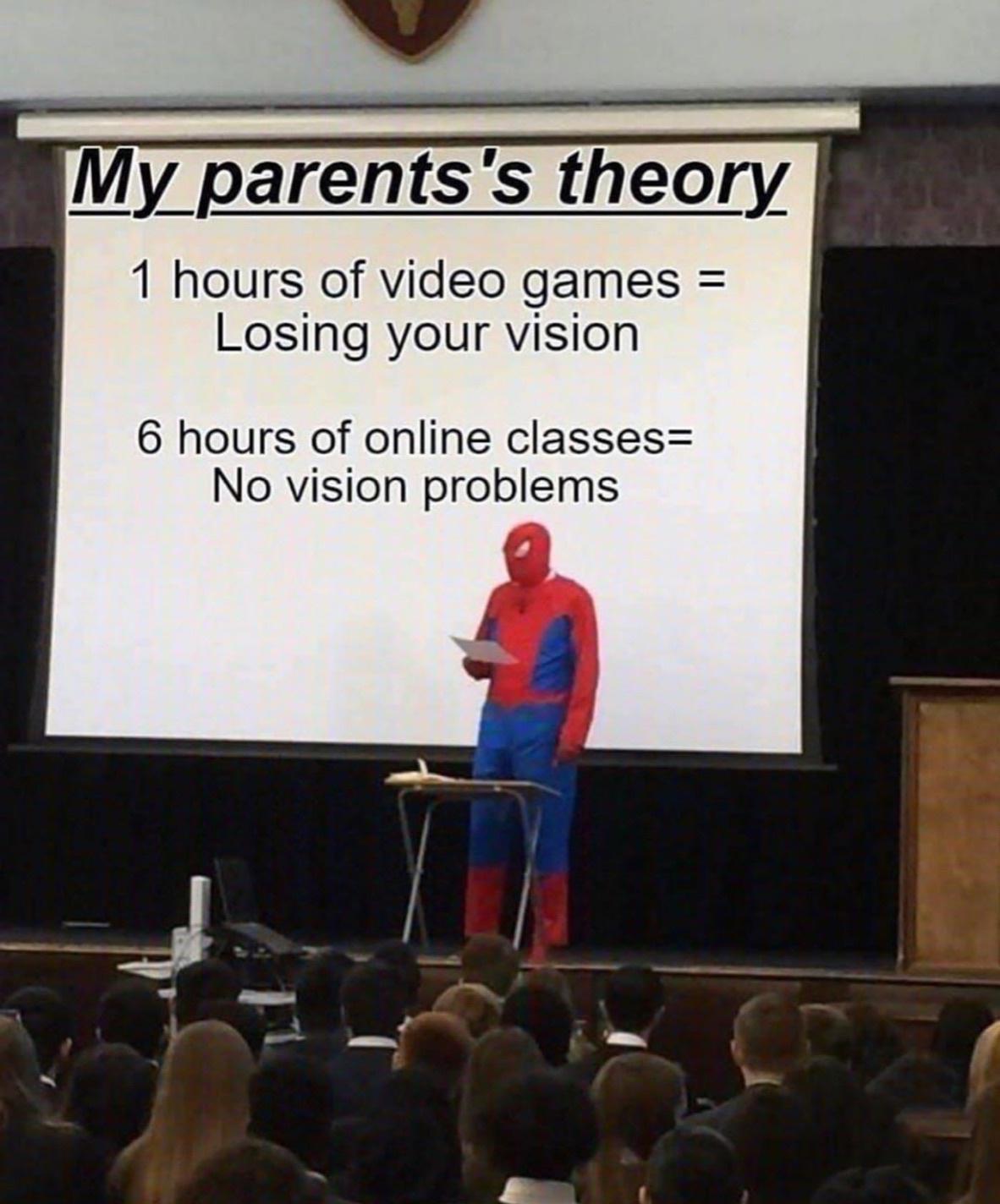big luau boogaloo - My parents's theory 1 hours of video games Losing your vision 6 hours of online classes No vision problems