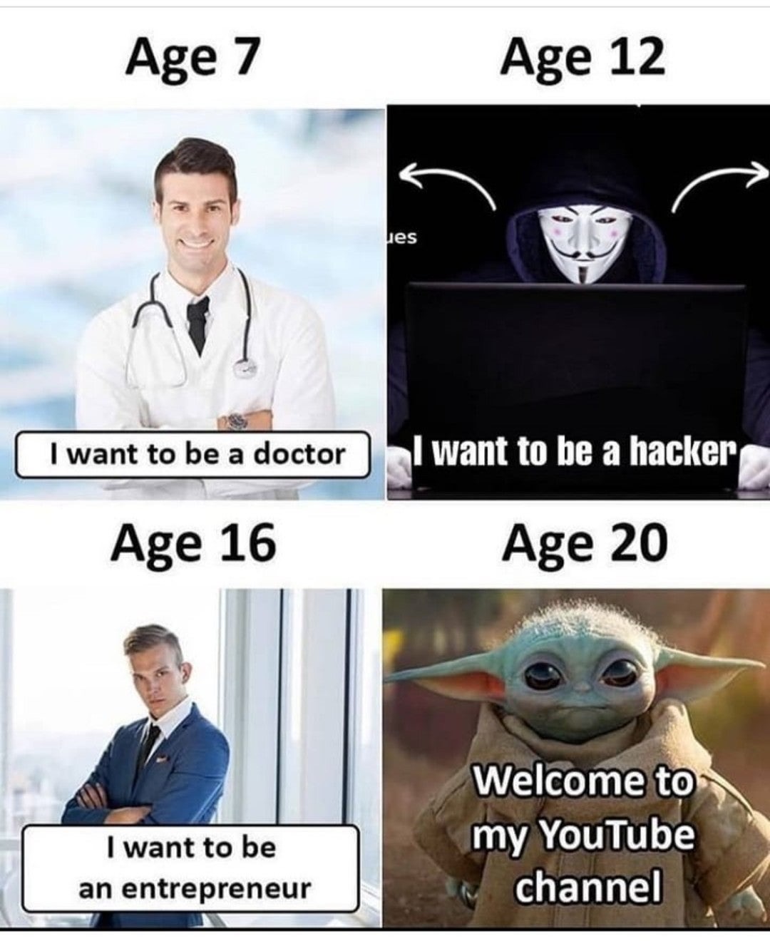 Humour - Age 7 Age 12 ues I want to be a doctor I want to be a hacker Age 16 Age 20 I want to be an entrepreneur Welcome to my YouTube channel