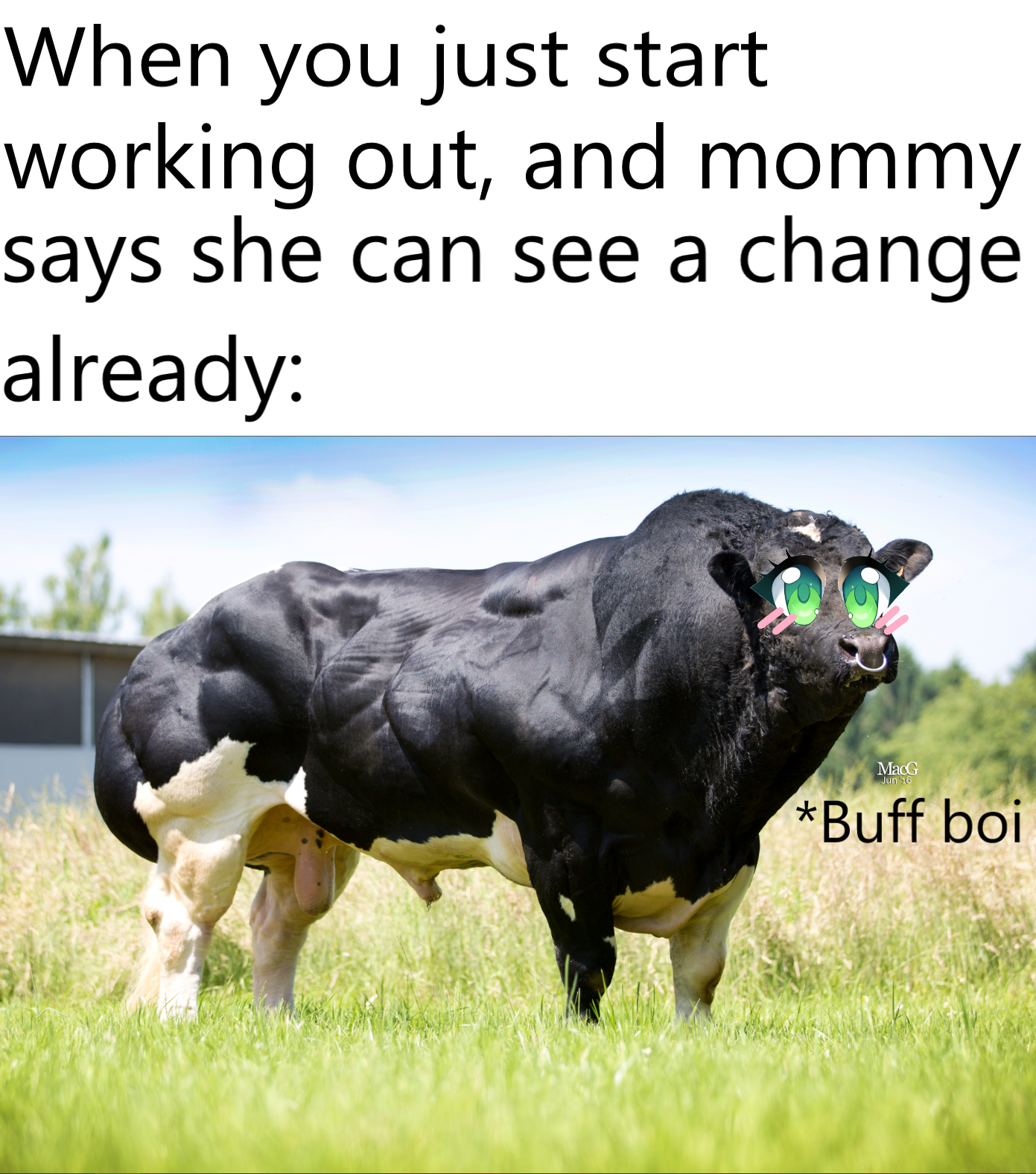 When you just start working out, and mommy says she can see a change already Mt Buff boi