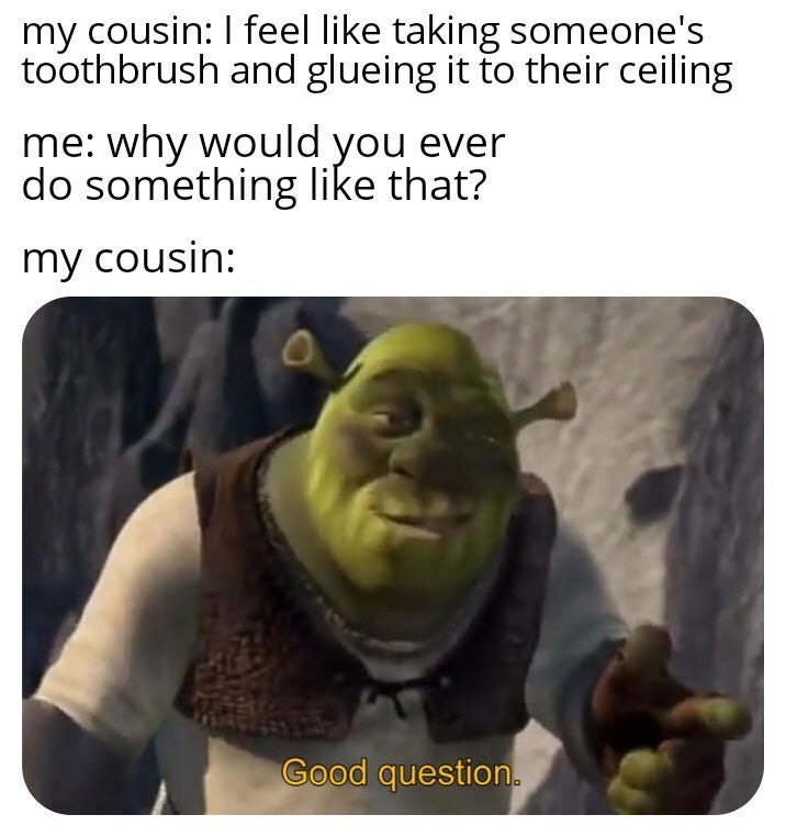 cluster headache meme - my cousin I feel taking someone's toothbrush and glueing it to their ceiling me why would you ever do something that? my cousin Good question.