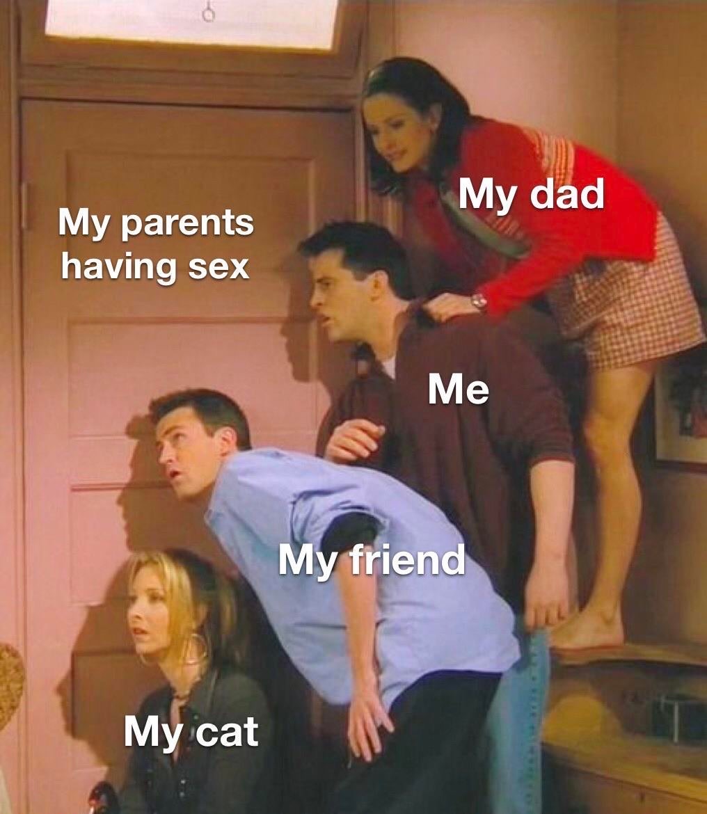 My dad My parents having sex Me My friend My cat