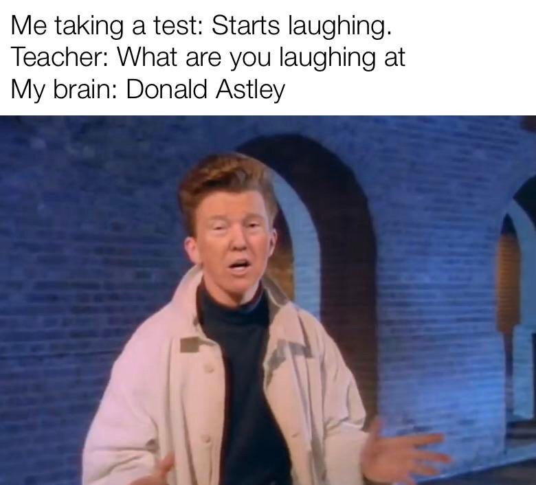 rick astley never gonna give - Me taking a test Starts laughing. Teacher What are you laughing at My brain Donald Astley