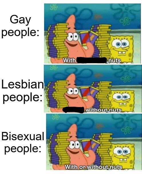cartoon - Gay people With nuts Lesbian people without nuts Bisexual people Ou With or without nuts