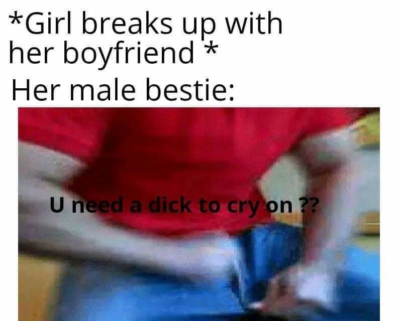 photo caption - Girl breaks up with her boyfriend Her male bestie U need a dick to cry on ??