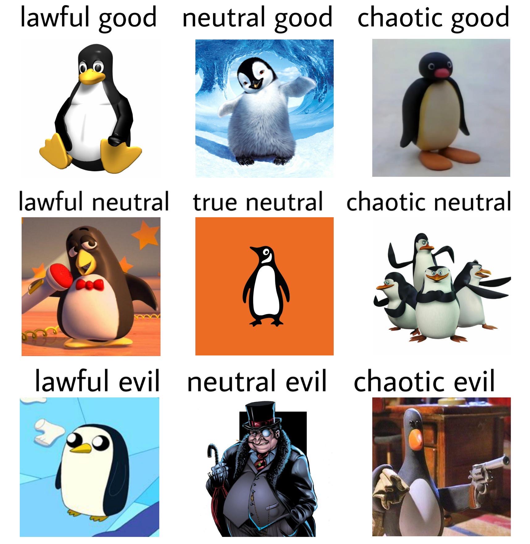 penguin - lawful good neutral good chaotic good lawful neutral true neutral chaotic neutral lawful evil neutral evil chaotic evil