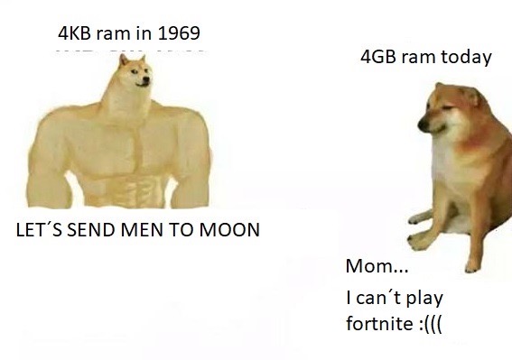 then vs now dog meme template - 4KB ram in 1969 4GB ram today Let'S Send Men To Moon Mom... I can't play fortnite
