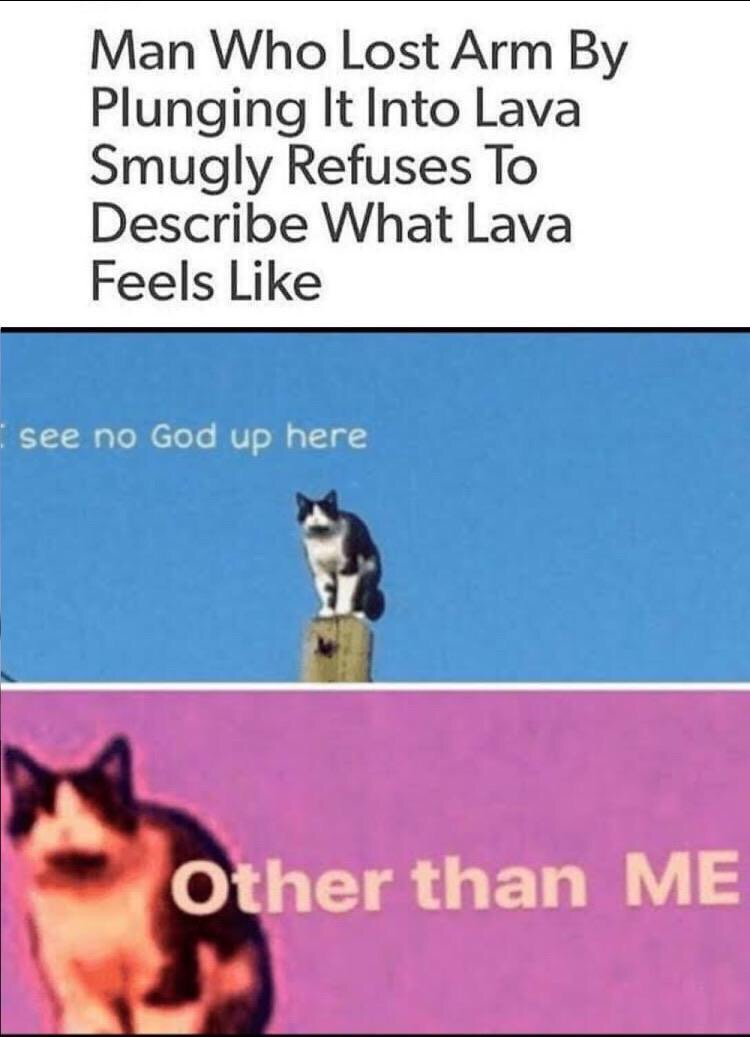 minecraft wholesome memes - Man Who Lost Arm By Plunging It Into Lava Smugly Refuses To Describe What Lava Feels see no God up here Other than Me