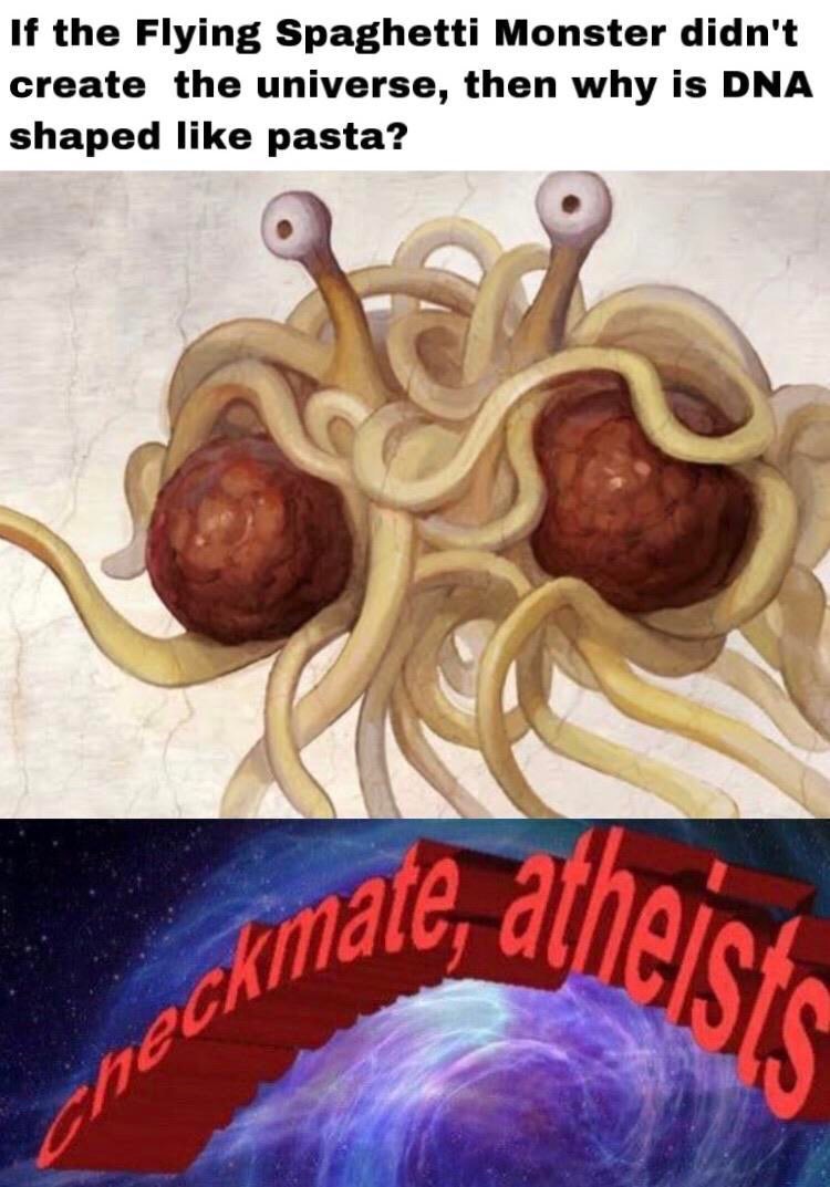 sistine chapel - If the Flying Spaghetti Monster didn't create the universe, then why is Dna shaped pasta? mate atheists check