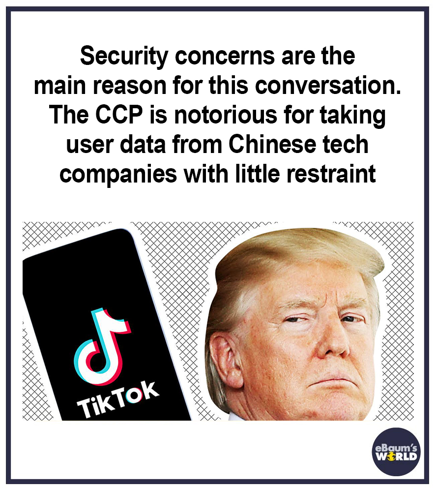 Security concerns are the main reason for this conversation. The Ccp is notorious for taking user data from Chinese tech companies with little restraint d Tik Tok eBaum's Wrld