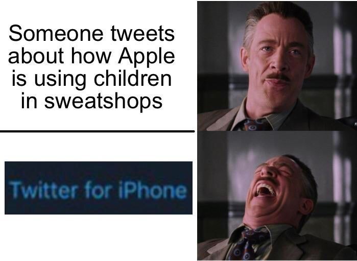 spiderman meme jjj - Someone tweets about how Apple is using children in sweatshops Twitter for iPhone