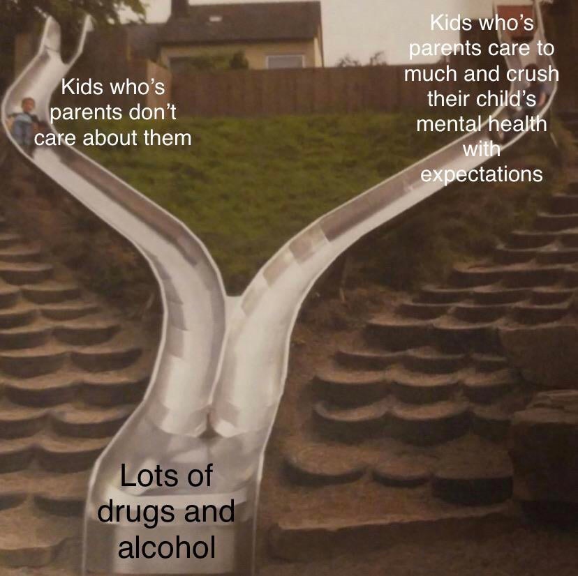 hugeplateofketchup8 - two guys on a slide meme template - Kids who's parents don't care about them Kids who's parents care to much and crush their child's mental health with expectations Lots of drugs and alcohol