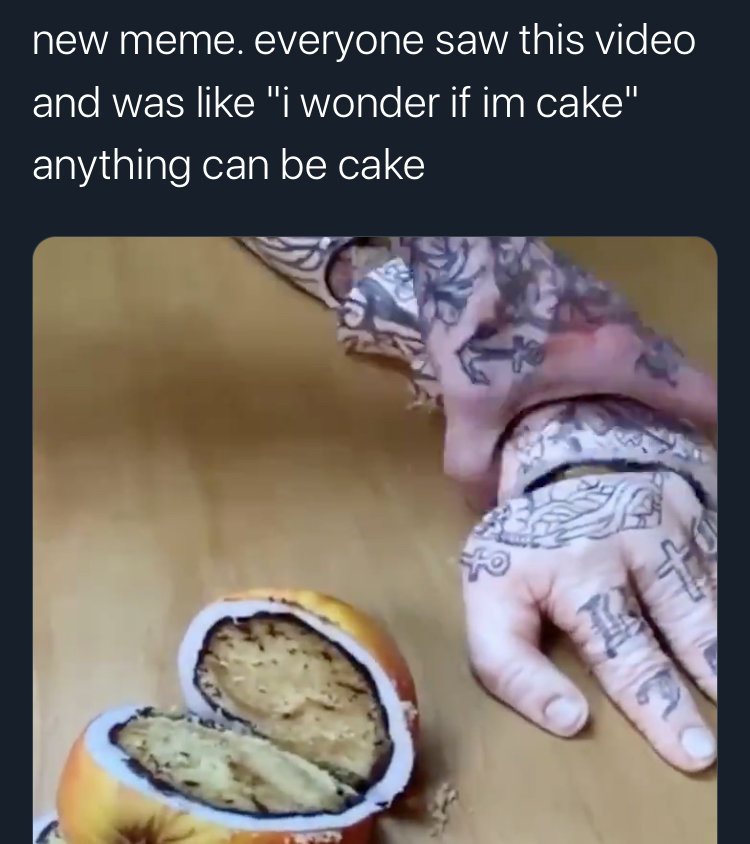 hand - new meme. everyone saw this video and was "I wonder if im cake" anything can be cake