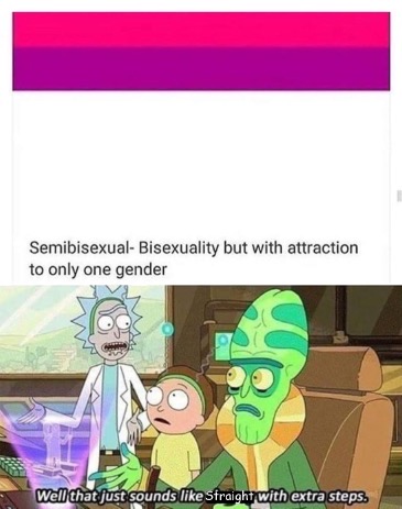 well that just sounds like with extra steps - Semibisexual Bisexuality but with attraction to only one gender Well that just sounds Straight with extra steps.