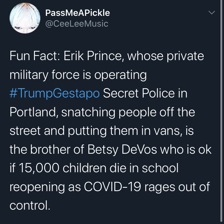 secret pollce portland atmosphere - PassMePickle Fun Fact Erik Prince, whose private military force is operating Secret Police in Portland, snatching people off the street and putting them in vans, is the brother of Betsy DeVos who is ok if 15,000 childre