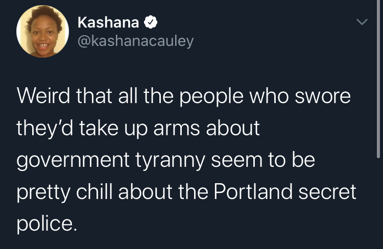 secret pollce portland Kashana Weird that all the people who swore they'd take up arms about government tyranny seem to be pretty chill about the Portland secret police.