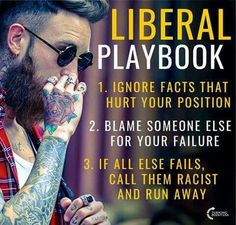 liberal idiots - Liberal Playbook 2 1. Ignore Facts That Hurt Your Position 2. Blame Someone Else For Your Failure 3. If All Else Fails, Call Them Racist And Run Away